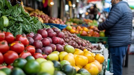Vibrant and fresh produce displayed at a farmer's market showcasing colorful fruits and vegetables : Generative AI