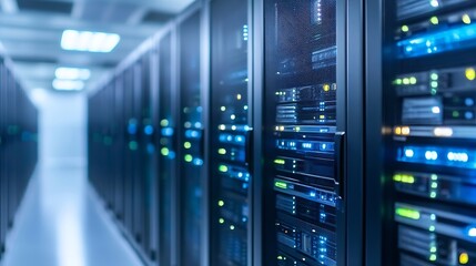 Interior view of modern data center filled with server racks and glowing lights : Generative AI