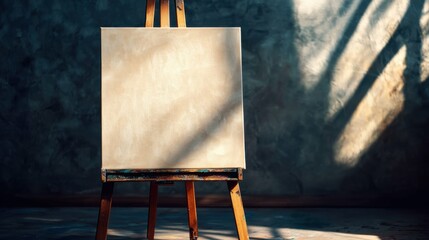 Canvas with unfinished sketch lines, propped on a chair with blurred studio lighting and shadows creating depth.