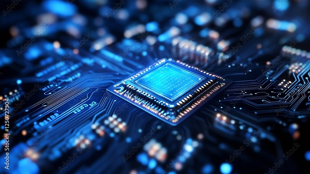 Poster Detailed Close Up of a Blue Microprocessor Chip on Circuit Board : Generative AI