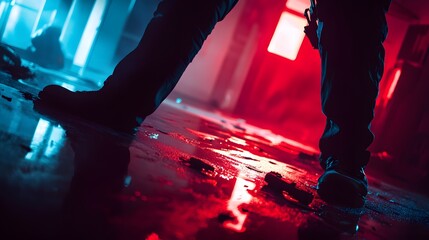 Neon Night Stalker: A Figure in a Red and Blue Lit Abandoned Building
