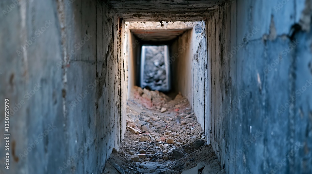Poster dramatic perspective of an abandoned concrete tunnel leading to a mysterious destination : generativ