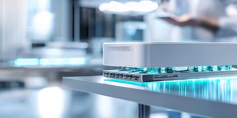 Internet of Things and Industrial Automation Concept. Advanced Network Device in Modern Data Center Setup