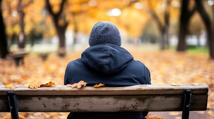 Person Sitting on a Park Bench Surrounded by Colorful Autumn Leaves in a Tranquil Outdoor Setting : Generative AI
