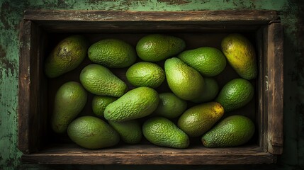 Rustic Wooden Crate Filled with Fresh Avocados