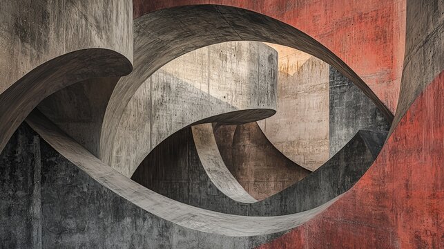 Futuristic brutalist architecture with flowing concrete curves and bold red accents, creating a surreal and abstract urban landscape. AI generative.