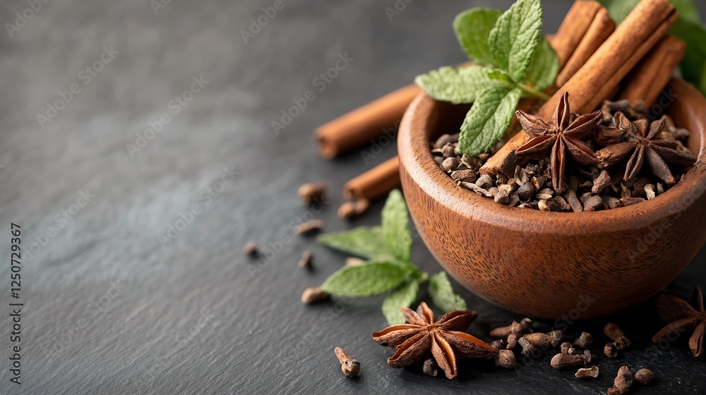 Poster spices and herbs arranged in a wooden bowl creating a vibrant and aromatic display for culinary insp