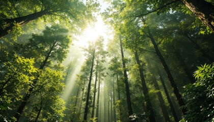 Fototapeta premium Sunlight Streaming Through Tall Trees in a Lush Green Forest