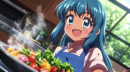 Anime Girl with Blue Hair Cooking Fresh Vegetables in Kitchen