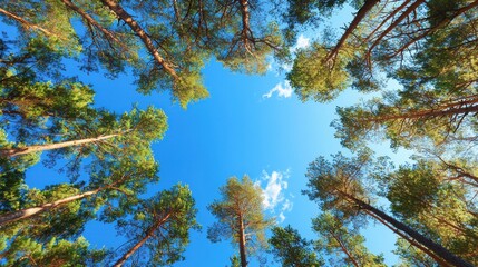 Obraz premium Majestic whitecapped evergreens reaching for a clear blue sky nature landscape photography winter serenity low angle perspective