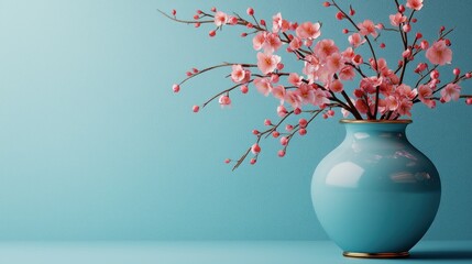 Beautiful turquoise vase filled with cherry blossom branches against a blue background