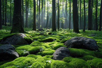 Sunbeams illuminate mossy forest floor with rocks