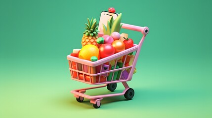 Smartphone screen displaying an animated food icon being placed into a digital shopping cart representing the concept of online food ordering and e commerce transactions