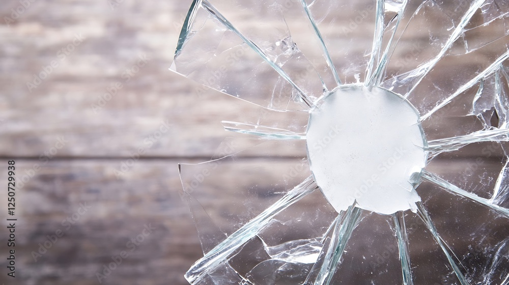 Fototapete broken glass fragment with shattered edges on wooden table background : generative ai