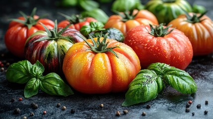 Here's a caption for your photo: Close-up of colorful heirloom tomatoes & basil. Perfect for recipes, food blogs, or healthy eating content.