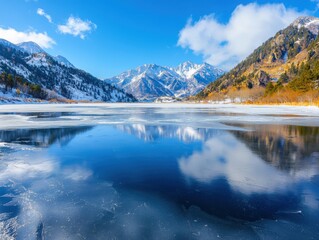 Obraz premium Frozen lake reflections showcasing clear blue sky framed by majestic mountains at midday eye-level capture in a realistic environment