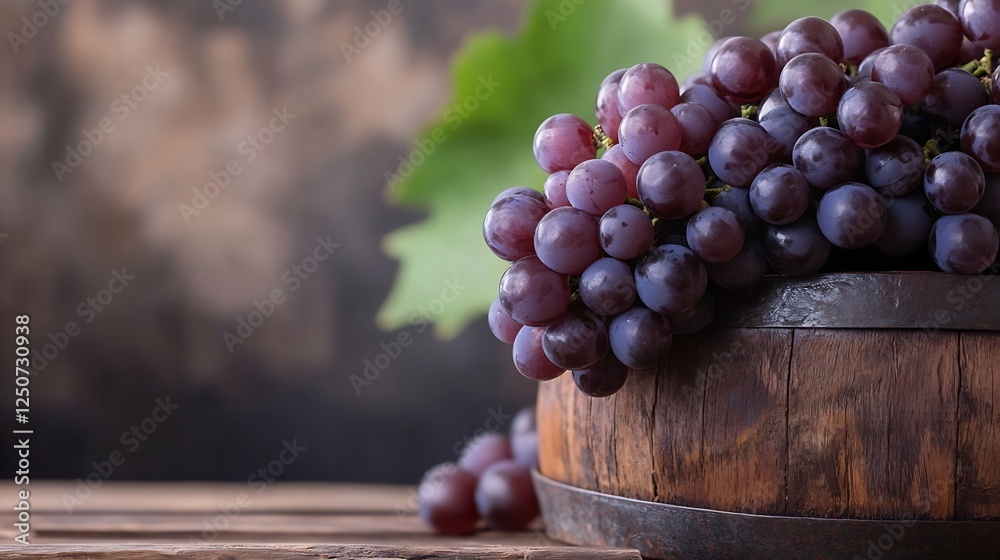 Aufkleber fresh purple grapes in a wooden barrel creating a rustic and natural aesthetic : generative ai