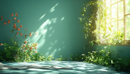 Sunlit room with orange roses and greenery, creating a serene atmosphere. Perfect for blogs, websites, or promoting products related to nature, tranquility, and home decor.