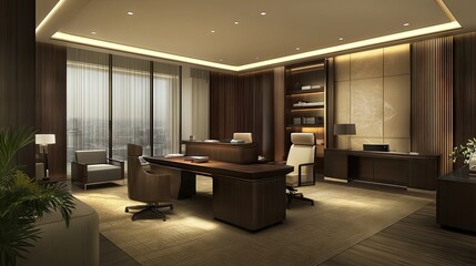 A stylish open office space with contemporary furniture and a wooden table in the center.