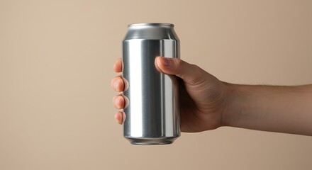 Hand Holding a Cold Silver Can Isolated Against Neutral Background