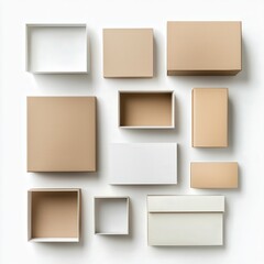Minimalist assortment of assorted boxes, creating a geometric pattern against a white background. Evokes organization and space optimization, suitable for storage solutions.