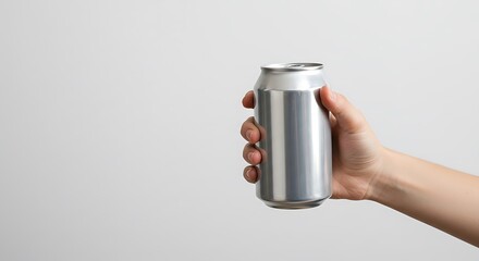 Holding a Silver Soda Can Close Up Isolated Against a White Background