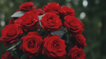 Obraz premium A bouquet of lush vibrant red roses being tenderly handed to a loved one in a close up romantic gesture of affection and sentiment