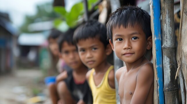 Group of young boys smiling and sitting together in a colorful outdoor environment showcasing friendship : Generative AI