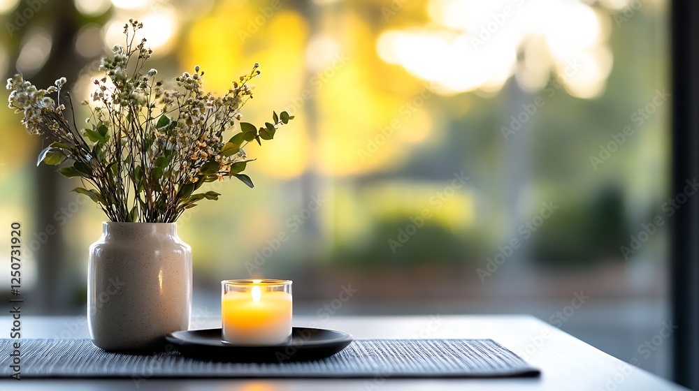 Aufkleber Serene arrangement of flowers and a candle on a table creating a calming atmosphere : Generative AI