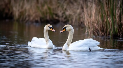 Two elegant swans gracefully swimming together on a serene lake surrounded by tall grass : Generative AI