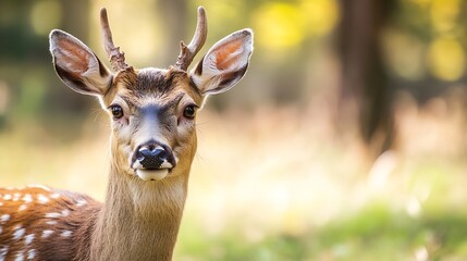 Fototapeta premium Majestic deer with antlers looking into the camera in a tranquil forest : Generative AI