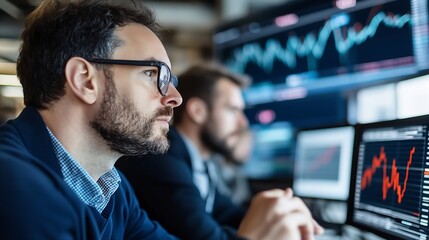 Focused man analyzing data trends on multiple computer screens in a modern office environment : Generative AI