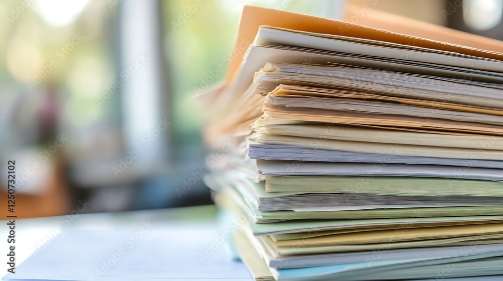 Poster neatly arranged stack of colorful papers representing organization and office work in a productive e