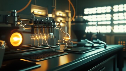 Futuristic Laboratory Equipment with Glowing Vials and Complex Machinery