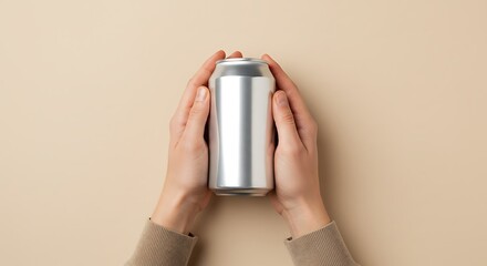 Holding Silver Can Mockup in Hand Top View on Neutral Background