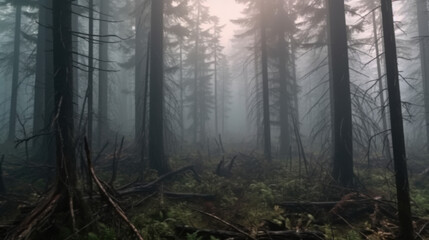 Fototapeta premium Misty Forest Path, Dark Trees, Fog - Dark moody atmospheres