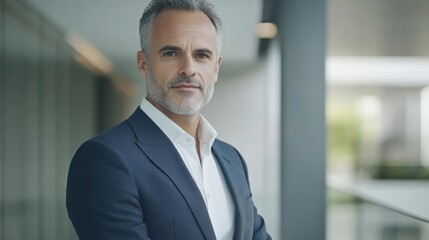 Fototapeta premium Confident Businessman with Gray Hair in Suit Posing Indoors near Window