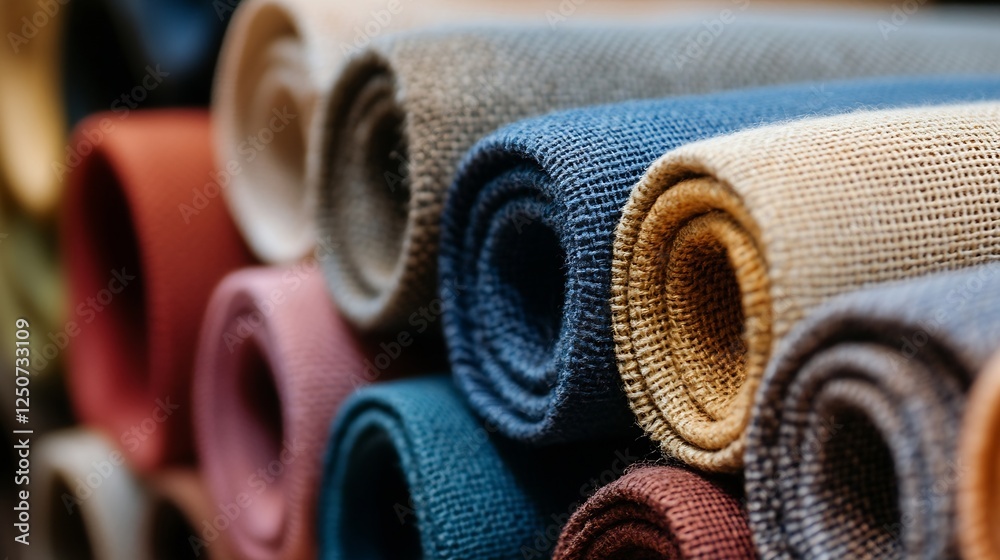 Poster Collection of colorful rolled fabrics stacked neatly in a fabric store : Generative AI