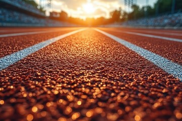 Close-up of running track at sunset, showing texture and lines. Perfect for themes of competition, achievement, and athletic success.