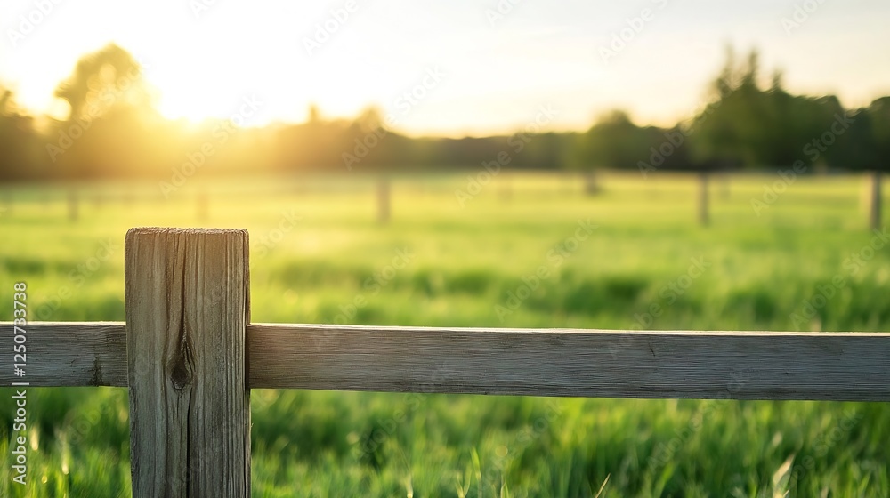 Poster sunlit wooden fence overlooking open green field at dusk : generative ai