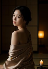 A beautiful Japanese woman sitting gracefully in a traditional Japanese room, loosely draped in a luxurious silk kimono. The warm candlelight casts soft shadows, adding an intimate and elegant touch.