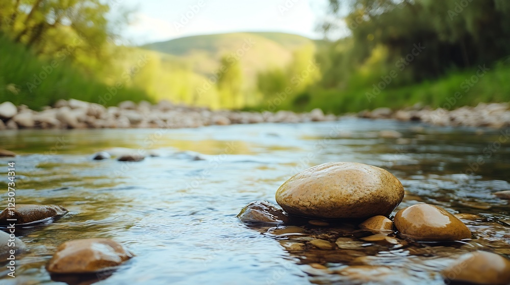 Poster Tranquil stream flowing through lush greenery with smooth stones under clear water on a sunny day : Generative AI