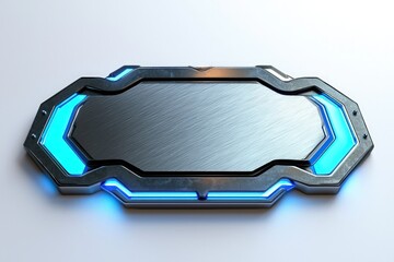 Metallic badge with neon blue edges, against white background