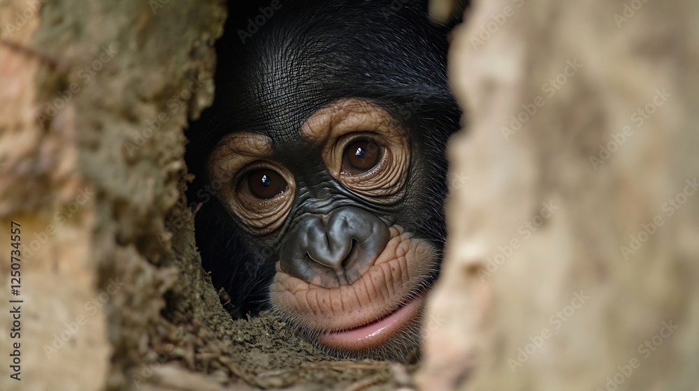 Poster close up portrait of a curious young monkey looking through a tree hollow : generative ai