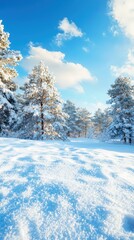 Fototapeta premium Serene snowfall landscape winter forest nature photography crisp environment wide-angle view tranquil concept