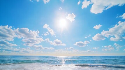 Fototapeta premium Bright sunny day at the beach with gentle waves and a vibrant blue sky filled with fluffy clouds : Generative AI