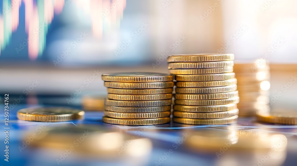 Poster Stacks of shiny coins on table with stock market charts in background for financial theme : Generative AI