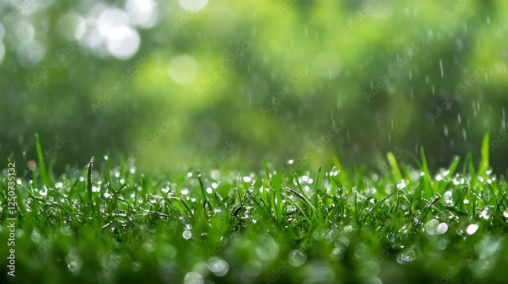 Fototapete close up view of vibrant green grass with rain droplets illustrating refreshing nature in a tranquil