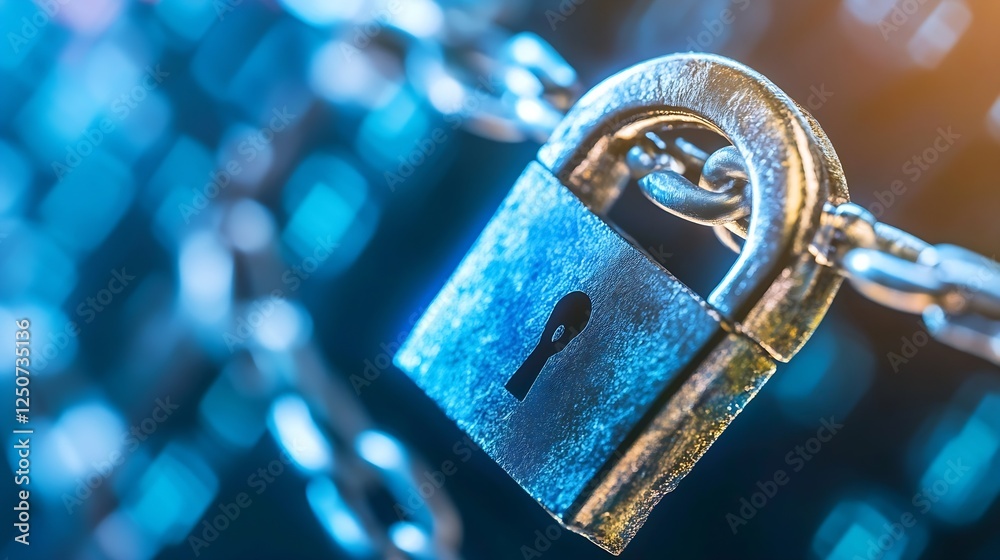 Poster Close up of a secure lock on a chain representing protection and security in the digital age : Generative AI