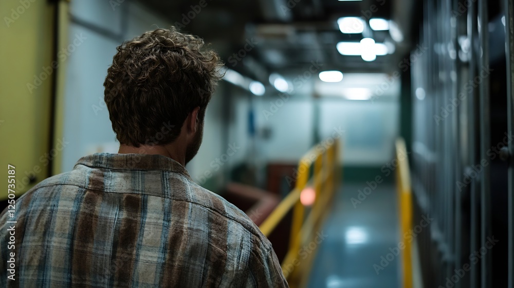 Poster man walking down a dimly lit industrial hallway with a pensive attitude : generative ai
